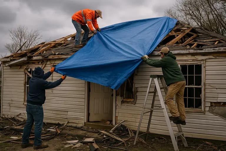 workers pulling tarp over damage roof of home to prevent and mitigate water damage